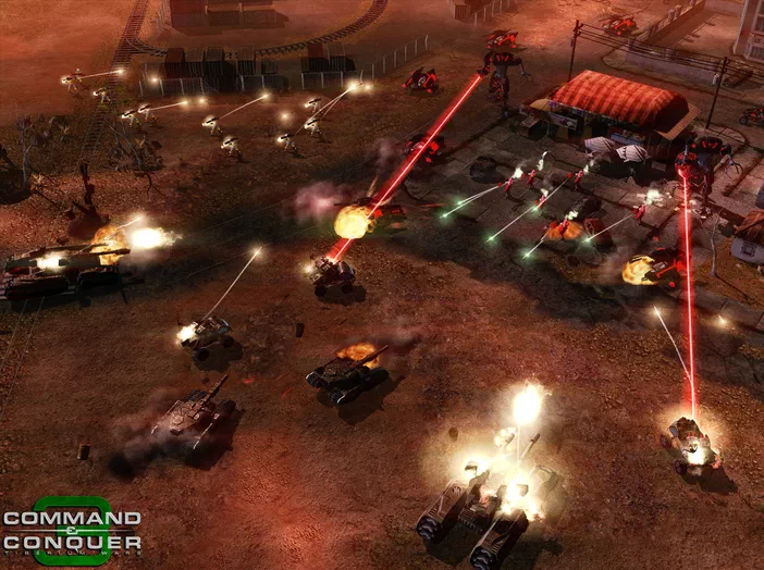 Scène de combat intense du jeu Command & Conquer 3: Tiberium Wars où des véhicules tirent sur des ennemis avec des lasers rouges dans un environnement désertique.