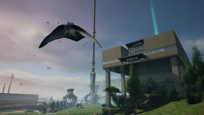 Capture d'écran du jeu vidéo Satisfactory montrant un paysage industriel futuriste avec des bâtiments sur pilotis et une créature volante au-dessus d'installations mécaniques.