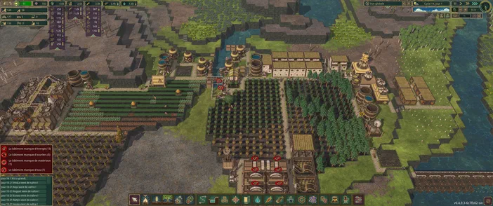 Capture d'écran du jeu vidéo Timberborn montrant un village forestier avec des usines en bois, des champs cultivés et de nombreuses forêts plantées près d'un cours d'eau.