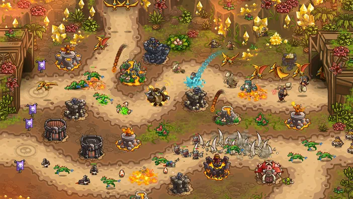 Capture d'écran du jeu de stratégie Kingdom Rush Vengeance avec ses unités et structures.