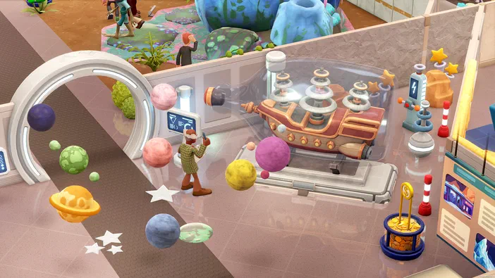 Dans Two Point Museum, un personnage observe une exposition de planètes colorées et d'un vaisseau spatial sous cloche.