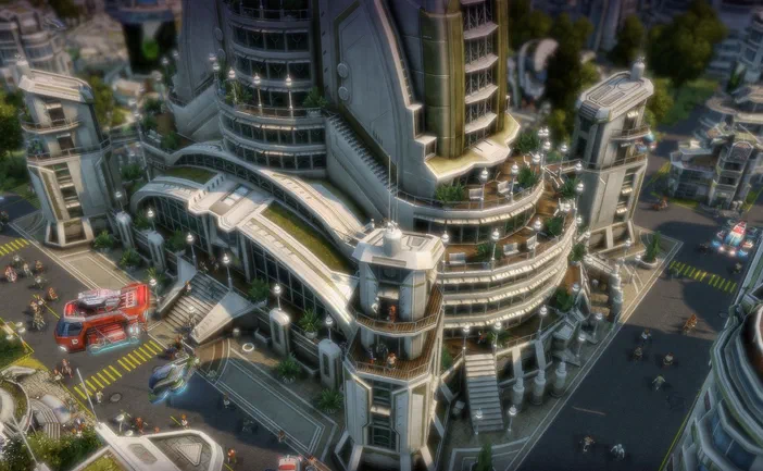 Screenshot du jeu Anno 2070 montrant un grand bâtiment futuriste avec des terrasses vertes, des camions rouges à proximité et plusieurs personnes sur les trottoirs.