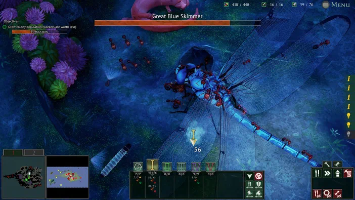 Capture d'écran du jeu vidéo Empires of the Undergrowth montrant un gros plan sur un insecte bleu recouvert de fourmis rouges avec une interface utilisateur affichant des objectifs et une carte.