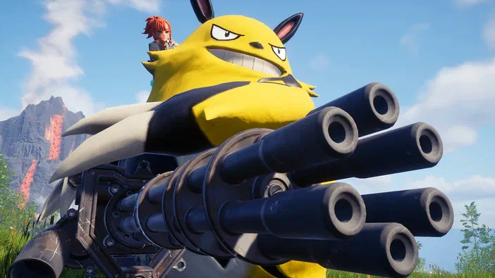Une créature jaune géante équipée d'une mitrailleuse lourde, avec des personnages assis sur son dos dans le jeu vidéo Palworld.