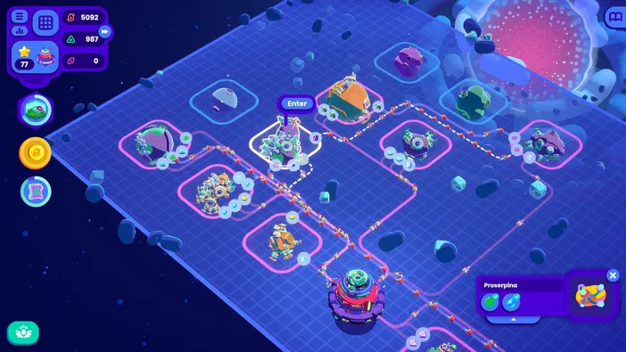 Capture d'écran du jeu Star Birds montrant une vue isométrique de plusieurs bases spatiales connectées par des vaisseaux sur un fond bleu, avec une interface utilisateur affichant des ressources en haut à gauche.
