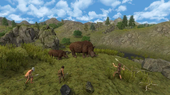 Capture d'écran du jeu Dawn of Man montrant trois chasseurs préhistoriques avec lances face à deux rhinocéros bruns sur un terrain herbeux entouré de collines rocheuses et de buissons sous un ciel bleu.