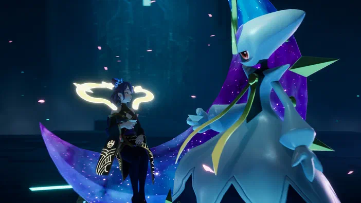 Capture d'écran du jeu Palworld montrant un personnage et une créature bleue dans un environnement sombre.
