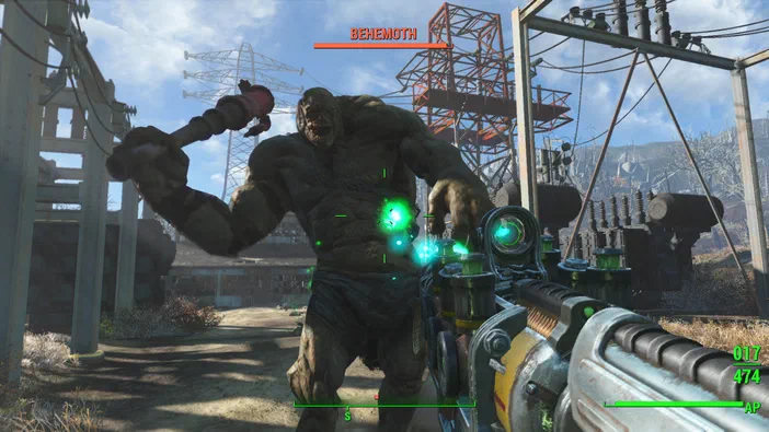 Capture d'écran du jeu vidéo Fallout 4 montrant un combat à la première personne contre le géant Behemoth dans un environnement post-apocalyptique, avec son viseur et les indicateurs en bas.