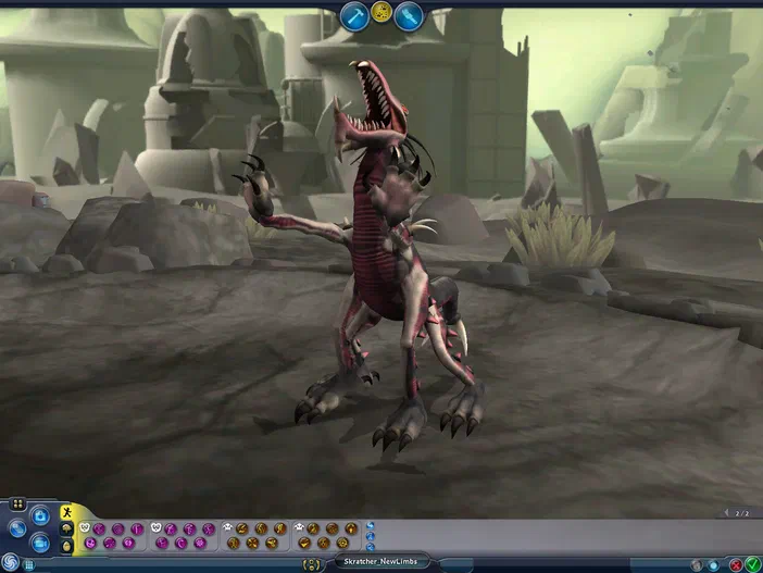 Capture d\'écran du jeu vidéo Spore montrant une créature à quatre pattes avec des épines rouges se tenant sur un sol rocheux dans un environnement désolé.