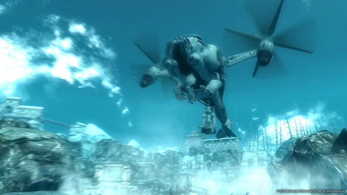 Un hélicoptère futuriste aux pales rotatives vole au-dessus d'un paysage rocheux dans un univers post-apocalyptique bleu.