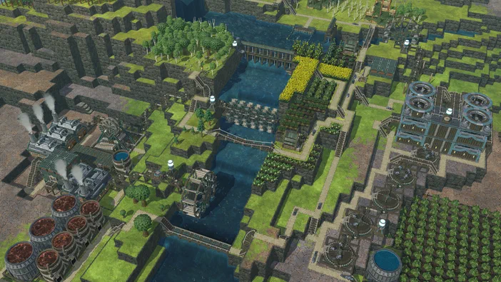 Capture de Timberborn montrant une vue isométrique d'une ville avec des usines à vapeur et des moulins le long d'un cours d'eau.