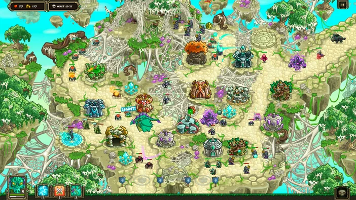 Capture d'écran du jeu vidéo Kingdom Rush Origins montrant des unités et structures défensives sur une carte en vue isométrique dans un univers cartoon.
