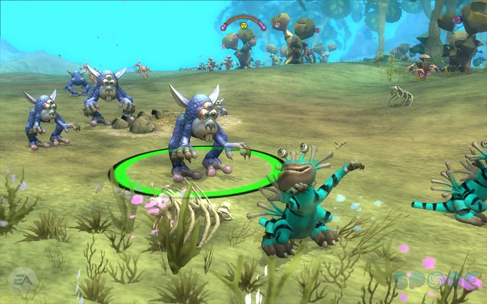 Capture d'écran du jeu vidéo Spore montrant plusieurs créatures alien bleues et turquoise dans un environnement verdoyant.