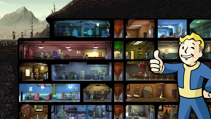 Capture d'écran du jeu vidéo Fallout Shelter affichant une base divisée en sections avec des personnages stylisés dans différents environnements intérieurs.