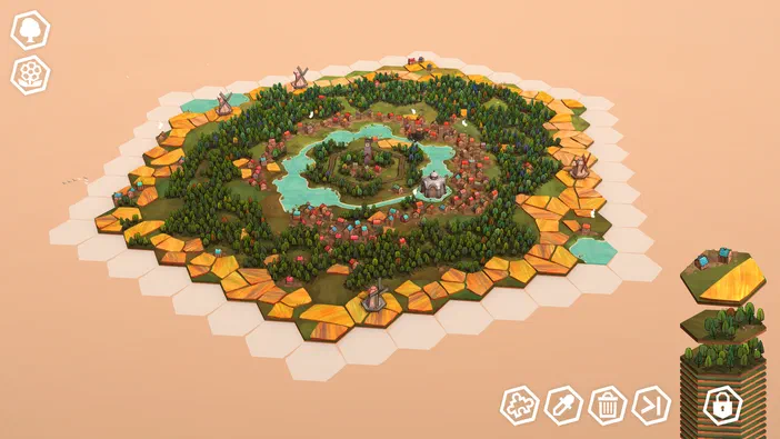Vue isométrique du jeu vidéo Dorfromantik montrant un plateau hexagonal composé de tuiles vertes (forêts) et dorées (champs), entouré par des moulins à vent et parsemé d'une petite ville aux maisons colorées.