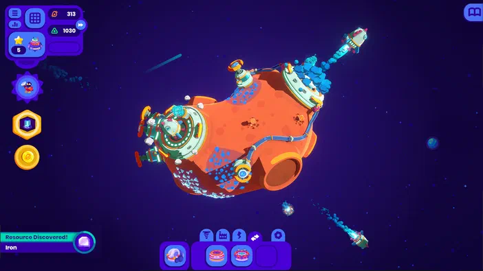 Capture d'écran du jeu vidéo Star Birds montrant un vaisseau spatial orange flottant dans l'espace étoilé avec des interfaces utilisateur colorées affichant la découverte de ressources comme le fer.