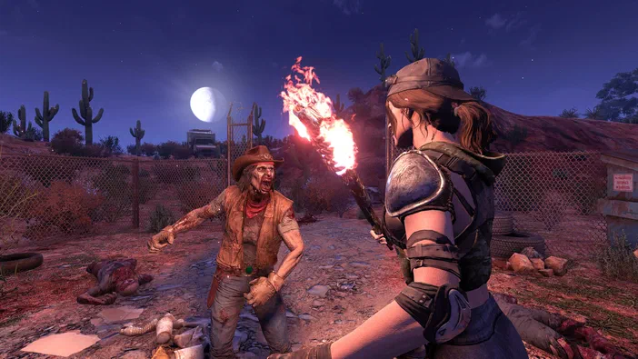Dans 7 Days to Die, un personnage tient une torche face à un zombie sous une lune pleine.