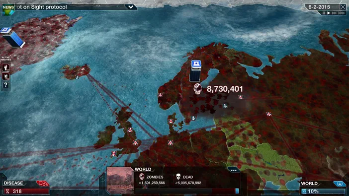 Capture d'écran du jeu Plague Inc: Evolved affichant une carte mondiale où l'ampleur d'une pandémie est visualisée par des taches rouges et brunes sur les continents, avec des icônes de navires aériens indiquant la propagation.