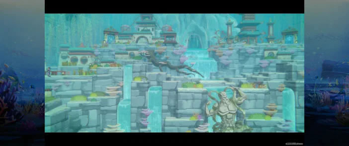 Scène de jeu vidéo présentant un paysage coloré avec des cascades turquoise, des bâtiments aux architectures japonaises traditionnelle et moderne, ainsi qu'un guerrier samouraï au premier plan.