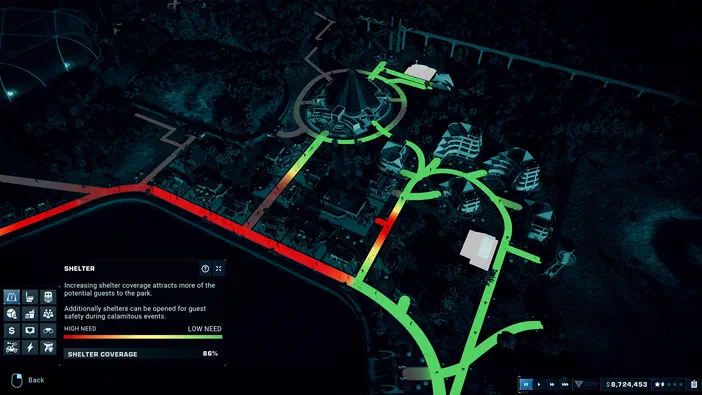 Capture d'écran du jeu vidéo Jurassic World Evolution 2 montrant une vue aérienne nocturne d'un parc de dinosaures avec des chemins colorés et un panneau d'information sur les abris.