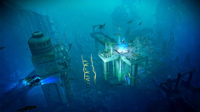 Capture de jeu vidéo No Man's Sky montrant un vaisseau émettant une lumière bleue explorant des ruines sous-marines parmi la faune aquatique et les structures artificielles.