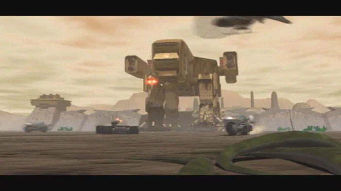Capture d'écran de Command & Conquer Tiberian Sun montrant un géant mécanique au centre d'un paysage désertique avec des véhicules et une base en arrière-plan.