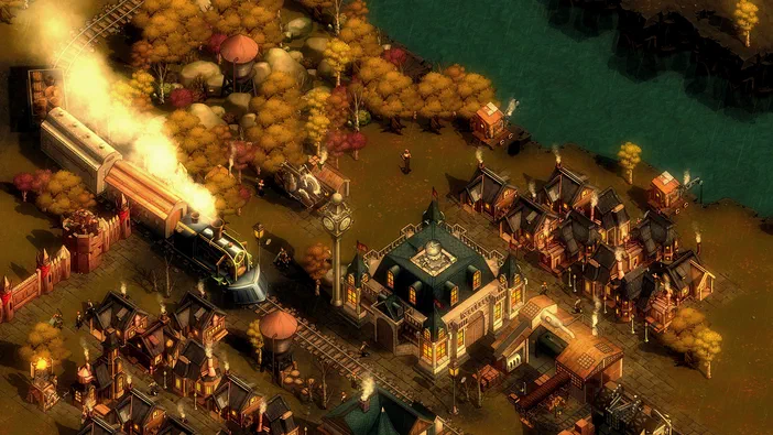 Capture d'écran du jeu vidéo They Are Billions montrant une ville industrielle près d'une rivière, des bâtiments aux cheminées fumantes et une locomotive à vapeur tirant un train.