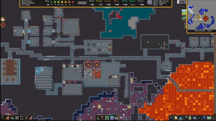 Capture d'écran du jeu vidéo Dwarf Fortress montrant une vue top-down d'une base souterraine complexe avec des nains qui se déplacent, un magma à droite et une interface affichant le nom de la colonie Medtobrir Blockadeer Village.