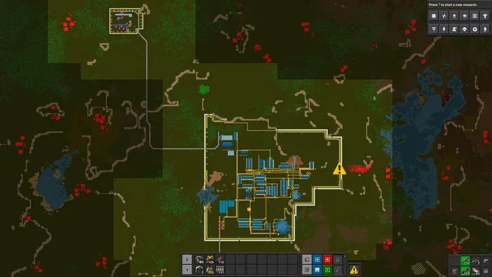 Capture d'écran du jeu Factorio présentant une base industrielle complexe avec des bâtiments bleus connectés par un réseau de transport, affichée sur la carte du monde en cours d'exploration.