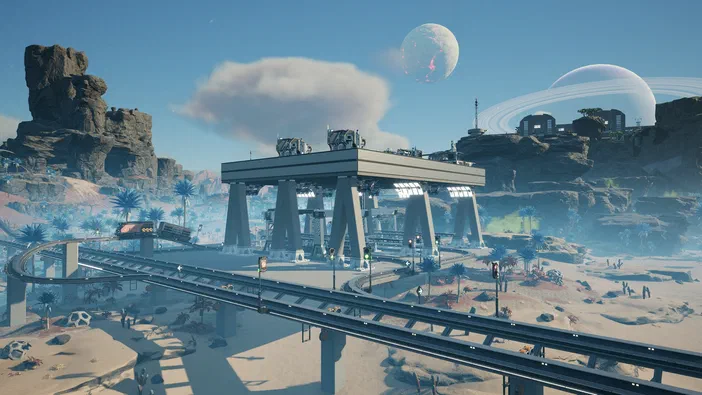 Capture d'écran du jeu vidéo Satisfactory montrant une base industrielle futuriste sur un paysage désertique avec des lunes en arrière-plan.