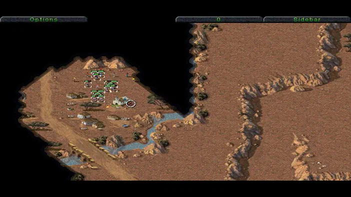 Capture d'écran du jeu Command & Conquer™ and The Covert Operations™ présentant une vue isométrique où des unités militaires sont déployées sur une carte désertique avec des bâtiments.