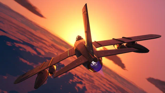 Vue arrière d'un avion de chasse volant au-dessus des nuages avec le soleil couchant en fond dans Grand Theft Auto V Legacy