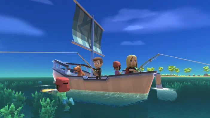 Capture du jeu vidéo Dinkum montrant un bateau avec une voile naviguant sur l'eau, occupé par trois personnages tenant des cannes à pêche et un chien.