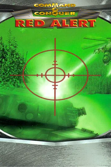 Affiche du jeu vidéo Command & Conquer Red Alert montrant un viseur rouge au centre sur fond vert avec des silhouettes de véhicules militaires et d'arbres à travers le champ visuel.