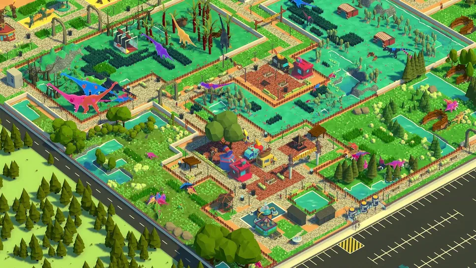Vue aérienne d'un parc de dinosaures coloré avec des enclos, des bâtiments, des sentiers, des arbres et des zones aquatiques dans le jeu vidéo Parkasaurus.