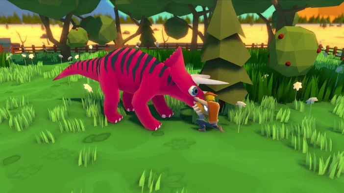 Dans le jeu vidéo Parkasaurus, un personnage interagit avec un Tricératops rose rayé noir au milieu d'une prairie verte stylisée.