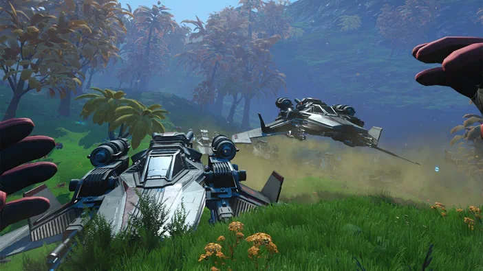 Deux vaisseaux spatiaux au sol et en décollage dans un paysage verdoyant de No Man's Sky
