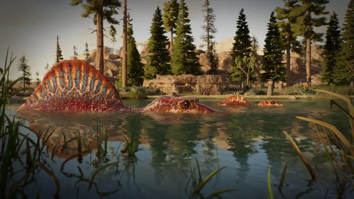Capture d'écran du jeu vidéo Jurassic World Evolution 3 montrant des dinosaures émergeant partiellement d'une rivière calme au milieu d'un paysage forestier et rocheux.