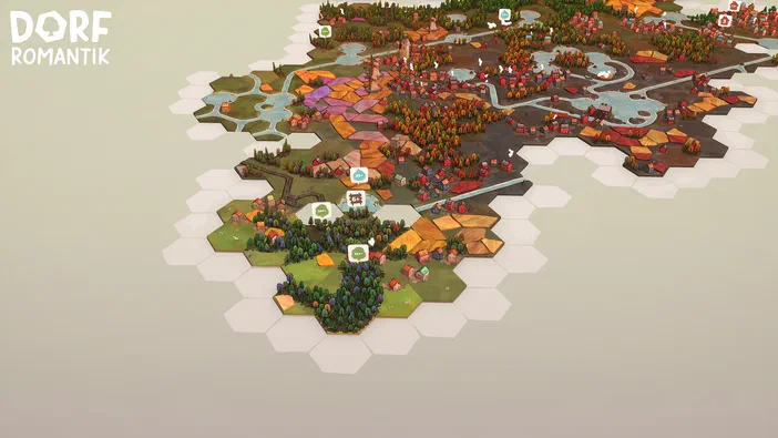 Capture d'écran du jeu de stratégie Dorfromantik montrant un paysage hexagonal avec des champs colorés, des forêts et des villages.