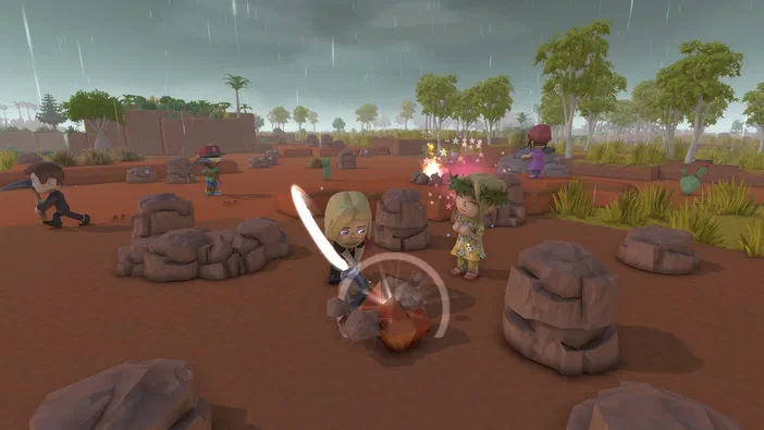 Dans le jeu vidéo Dinkum, un groupe de personnages stylisés se trouve dans une zone extérieure sous la pluie où l'un d'eux brandit une épée lumineuse blanche au centre de la scène.