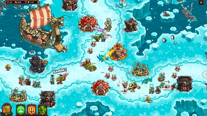 Capture de jeu Kingdom Rush Vengeance montrant des unités combattant sur un terrain glaciaire avec une barque viking et des bâtiments défensifs rouges.