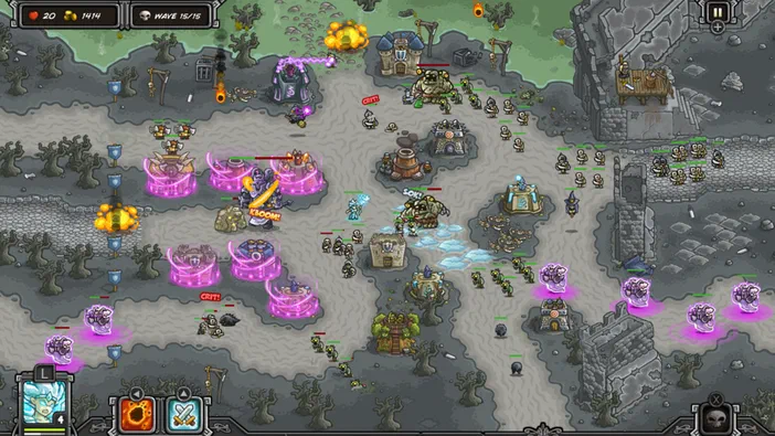 Capture d'écran du jeu vidéo Kingdom Rush montrant un champ de bataille où des tours magiques violettes affrontent une vague d'ennemis, avec les indicateurs de vies et d'or visibles.