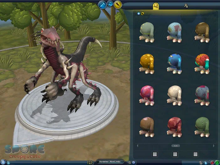Capture d'écran du pack d'expansion Spore: Creepy & Cute Parts Pack montrant un monstre avec des membres épineux sur une plateforme, à côté d'une sélection de têtes et corps mignons pour les aliens.