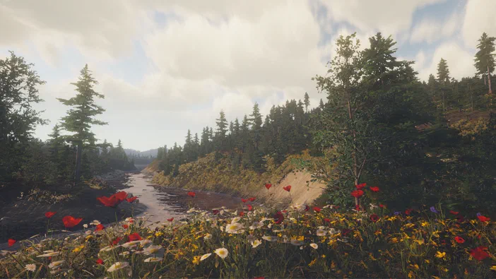 Capture d’écran de Dinosaur Fossil Hunter montrant un paysage avec des fleurs rouges et blanches au premier plan, une rivière à gauche et une forêt conifère sur la colline.