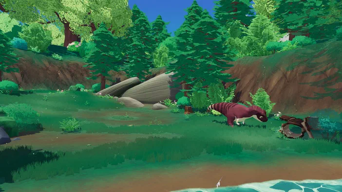 Capture d'écran du jeu Paleo Pines montrant un dinosaure à rayures se tenant près d'une structure en bois au milieu d'une clairière herbeuse entourée de forêt et de collines rocheuses.