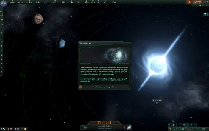 Capture d'écran du jeu Stellaris montrant une fenêtre de dialogue 'The Unbidden' dans un fond spatial avec des planètes et une étoile, indiquant une menace dimensionnelle.