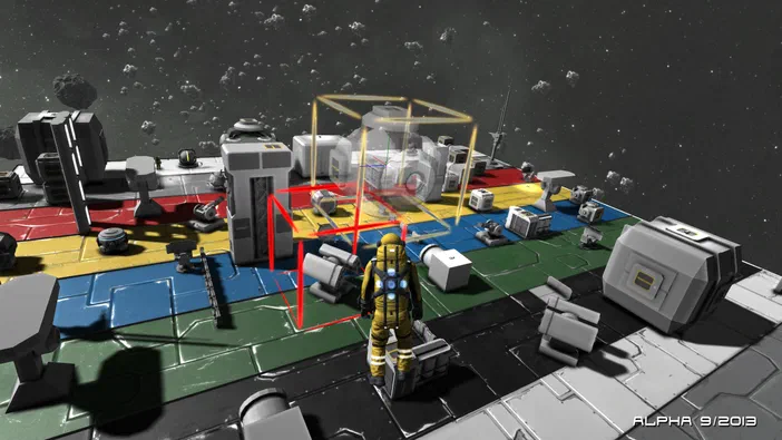 Capture d'écran du jeu vidéo Space Engineers montrant une station spatiale construite par le joueur dans l'espace.