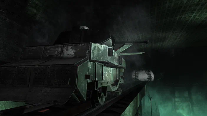Capture d'écran du jeu vidéo Metro 2033 montrant un train blindé vert foncé sur des rails dans un tunnel sombre et brumeux.