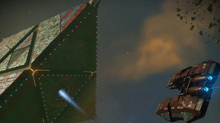 Un vaisseau spatial navigue vers une imposante structure géométrique futuriste dans un espace étoilé parsemé de débris, capture d'écran du jeu vidéo No Man's Sky.