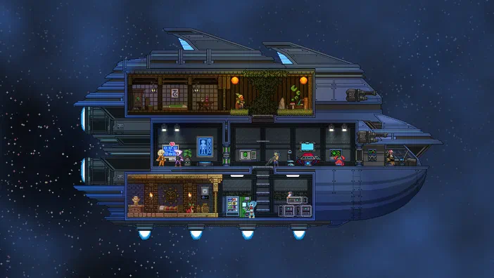Un vaisseau spatial du jeu Starbound flotte dans l'espace avec des intérieurs visibles incluant un niveau végétalisé, une salle de contrôle et un salon confortable au rez-de-chaussée.